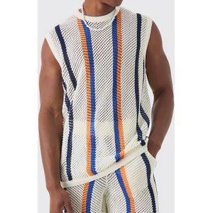 Sportieve Casual Gebreide Set voor Heren met Witte Mesh Stof, Ademend en Mouwloos Ontwerp met Gestreepte Decoratie, Trendy Vrijetijdsstijl