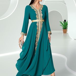 Ramadan Kantafwerking V-hals Bescheiden Jurk, Elegante Jurk met Lange Mouwen en , Dameskleding