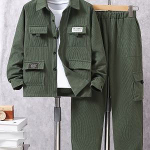Deze Lente/Herfst Nieuwe Stijl Corduroy Lange Mouw Shirt met Label en Werkkleding Zakbroek Set, Perfect voor Buiten
