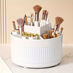 1 stuk Draaibare Cosmetica Organizer, Multifunctionele Make-up Opbergdoos met Plastic Borstelhouder, Witte Skincare Case