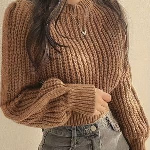 Dames Elegante Ronde Hals Lange Mouwen Trui - Zacht (Karamel) Korte Cropped Pullover, Medium Stretch Herfst Winter Tops, Casual tot Chique Zweetaanvoerende Vrije Sweater voor Jeans & Jurken