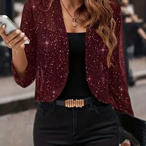 Plus Size - Tante's Modieuze Kleur Korte Half Transparante Glanzende Ademende Vest Top | Elegante Non-Stretch Stof, Driekwart Mouwen, Pailletten Details, Geschikt voor Lente/Zomer/Herfst