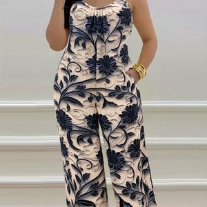 Vrouwen Jumpsuit met Bloemenprint en Zakken - Gezellige Ronde Hals Lange Mouw Casual Romper, Machinewasbare Herfst Winter Outfit voor Volwassenen, Dames Rompers en Jumpsuits, Comfortabele Pasvorm