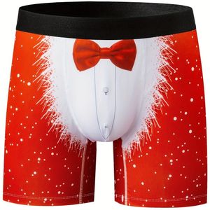 Heren Kerst Boxershorts met Santa Kraag & Sneeuwvlok Print - Rood/Wit Feestondergoed, Machinewasbare Feestelijke Kostuum Slipjes voor Kerstfeesten & Casual