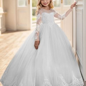 Meisjesjurk met Contrasterende Kant voor Feest, Optreden en Communie met Willekeurige Borduurstijl