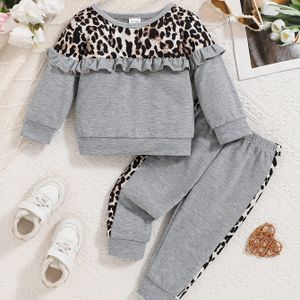 Meisjes' Gezellige Luipaardprint & Mouw Hoodie Set - Casual Herfst/Winter Outfit, Machinewasbaar, Perfect voor Buiten
