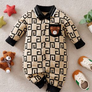 Lente en Herfst Schattige Beer Print Heren Lange Mouw Katoenen Romper, Perfect voor Buiten