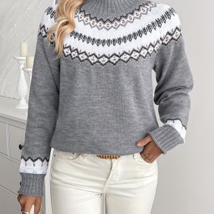 Dames Vintage Geometrische Fair Isle Trui - Zachte Winter Pullover met Multicolor (///) Fair Isle , Staande Kraag & Lange Mouwen Knusse Truien voor Herfst/Winter, Handwasbaar