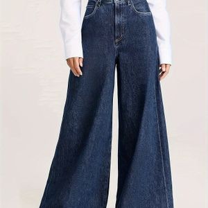 1pc Vrouwen Casual High-Waisted Wide Leg Denim Jeans, Kleur, Gewassen Afwerking, Medium Stretch Stof, Vier Seizoenen, Geweven