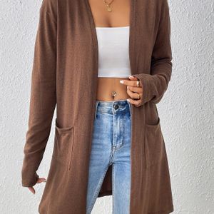 kleur dubbele zak open voorkant cardigan, elegante lange mouw knielange cardigan voor herfst en lente, dameskleding