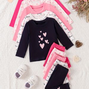 10-delige Baby Meisjes Casual Lange Mouw & Broek Set - Schattig & Hartjesprint, Zachte Stretchstof, Losse Pasvorm, Lente/Herfst Buitenspeelkleding, Perfect voor Dagelijks Gebruik, voor Buiten