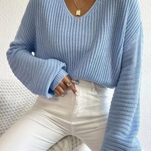 Duurzaam Gebreid| Elegante Lichtroze V-Hals Lantaarnmouwen Gebreide Trui voor Vrouwen - Chique Acryl Pullover, Perfect voor Lente/Herfst, Machinewasbaar
