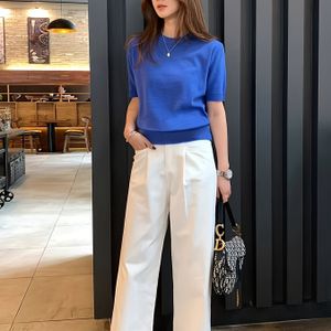 Elegante col rond gebreide top met korte mouwen, losse pasvorm, kleur, korte lengte, zomer, 180g/m², voor dames