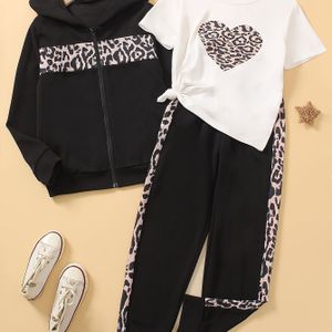 Meisjesmode -delige set: Ronde hals hartprint korte mouw top + capuchon ritssluiting luipaardprint lange mouw jas + luipaardprint kleur enkellengte broek, voor buiten