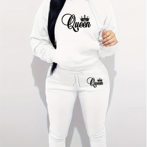 Vrouwen Casual Twee-delige Set, Queen Letter Print, 100% Polyester, Lange Mouwen Hoodie met Zakken & Bijpassende Broek, Regular Fit, Gebreide Stof, Herfst/Winter Collectie