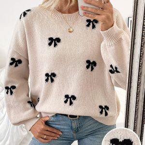 Vrouwen Cozy Bow-Embellished Color Block Sweater - Zacht Pullover met Ribbed Cuffs, Ronde Hals, Lange Mouwen voor Herfst/Winter, Stijl, Schattige Sweaters