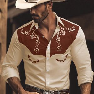 Vintage Western-Stijl Lange Mouw Knopen-Op Shirt met Intricte Ontwerpen - en Wit, Casual Loose Fit voor Herfst/Winter, Casual Kleding|Vintage Ontwerpen Shirt|Polyester Stof