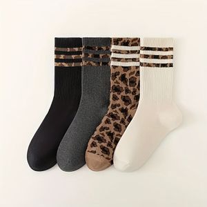 4 Pairs Women' Striped Socks - , Casual Sporty Design With Leopard Print, Wear, Knit Fabric, Polyester Blend, Casual Wear Socks | Trendy Casual Socks | Knit Texture