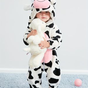 Schattige Koe-Vormige Pluche Baby Jumpsuit - Gezellige Dikke Kinder Winterkleding met Ritssluiting, Perfect voor Buitenspelen & Halloween, Losse Pasvorm, Polyester Vulling