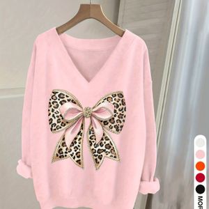 Dames Casual V-Hals Lange Mouw Sweatshirt met Luipaardprint & Strikdetail - Rood, Geometrisch , Regular Fit, Lente/Herfst Fashion Top, Casual Kleding, Casual Outfit, Sweater Hoodie