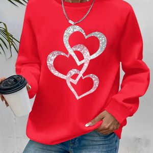 Heart Print Long Sleeve Pullover Sweatshirt, Women's Plus Size Sportswear For Fall & Winter, Outdoor Wear