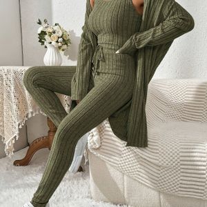 Plus Size, Dames Casual Geribbelde Lange Mouwen Vest en Slim-Fit Broek Set, Plus Size Herfst/Winter Driedelige Outfit