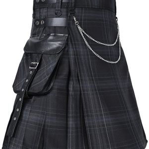 Heren Schotse Kilt - Traditionele Schotse Tartan Rok met Kettingriem & Halfrok Design, Heavy-Duty Non-Stretch Stof