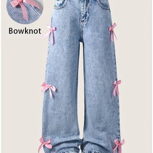 Meisjes Denim Jeans - Frisse Lichtblauwe Strikversiering, Losse Pasvorm, Trendy en Veelzijdige Feestdagen Must-Have voor Kinderen van 3+