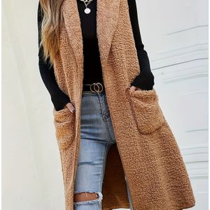 Plus Size Zak Fuzzy Vest, Casual Mouwloos Knie Lengte Vest Voor Herfst & Winter, Dames Plus Size Kleding