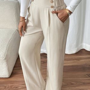 Women's Elegant High-waist Wide Leg Pants With Button Closure - Comfortable Polyester, Casual Or Office Wear, Relaxed Fit Pants | Highwaist Design | Smooth Texture Pants