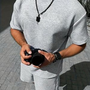 Zomerse Trendy Heren Jacquard Textuur 2- Set, Perfect voor Casual , Dagelijkse Outfits en Feestelijke Gelegenheden