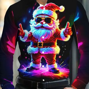 Heren Kerstman Graphic Shirt met Kerstman & Rendier Print - Levendig Rood & Gouden Kerst Design, Button-Up Kraag, Non-Stretch Stof, Perfect Voor Lente/Herfst Feesten & Casual Kleding, Kerstshirts