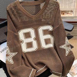 Dames Y2K V-hals Trui met Lange Mouwen - & Ster Grafisch, Mesh Design, Casual Losse Pasvorm, Perfect voor Muziekfestivals en Casual Kleding