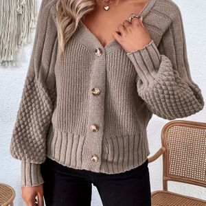 Dames Lichtblauw V-Hals Vest met Knoopdetails - Lange Mouw, Geribbelde Textuur, Perfect voor Herfst/Winter, Casual Stijl, Casual Winterkleding | V-hals Vest | Constructie, Vest Trui