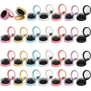 28-pack Opvouwbare Reisborstels met Spiegel - Ronde Draagbare Zakborstel, Mini Compacte Haarmassagekam voor Tasjes, Kleurrijk voor Vrouwen en Meisjes