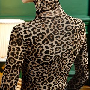 Dames Plus Size Turtleneck Lange Mouw Top, Elegante Luipaardprint, Polyester Stretch , Reguliere Pasvorm, Overslag, Herfst/Winter Mode