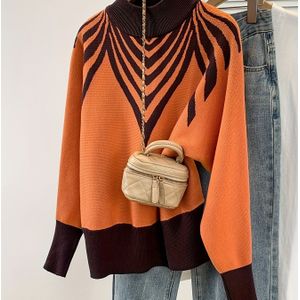 Vrouwen Elegante Batwing Mouw Kleurblok Trui - Herfst Winter Warme Pullover met Opstaande Kraag, Losse Pasvorm & Wasmachinebestendig Oranje//Wit/Beige, Schattige Trui, Zacht Textiel Kledingstuk