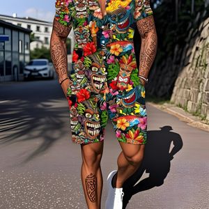Herenshirt met Hawaiiaanse Stijlprint en Losse Cubaanse Kraag, Korte Broek voor Heren in Casual Pak, Kortemouwen Shorts Gourda Set
