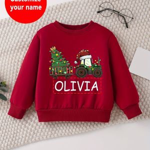 Aanpasbare naam crew hals kerst tractor & boom print mode sweatshirt voor - polyestermengsel casual pullover met lichte stretch voor lente/herfst, gebreid door SHOWTLY