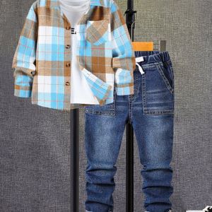 Jongens Lente en Herfst Overhemd en Nepdenim Set, Modieuze Veelzijdige Lange Mouwen Top + Elastische Nepdenim Broek, Geschikt voor Dagelijkse Uitjes en Schoolkleding, voor Buiten