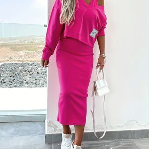 Dames Geribbelde Sweatshirt Jurk Set, Korte Mouwen Pullover LL168