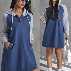 Vrouwen Capuchonjurk - Casual Tweekleurige Outfit in Blauw, Met Trekkoord en Capuchon, Machinewasbaar voor Lente/Herfst Looks