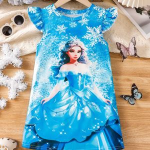 Meisjes Stijlvolle & Casual Cartoon Prinses Grafische Print Jurk met Fladdermouwen voor Lente & Zomer