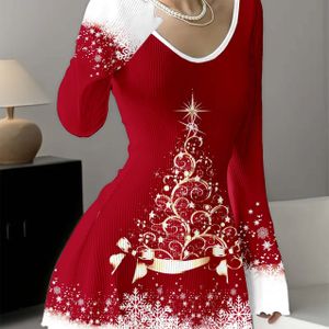 Vrouwen Kerstdag V-hals Lange Mouw Jurk, Asymmetrische Mouw, Gebreid Polyester, Feestelijke Boom Druk, A-Lijn Pasvorm en Flaren, Alle Seizoenen, Korte Lengte