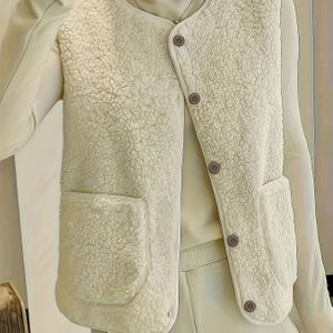Vrouwen Casual Mouwloos Lam Fleece Vest voor Lente & Herfst - Zachte Pluche Vest met Dubbele Zakken, Knoopsluiting, Beige, Dames Vest