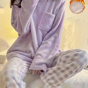 Winter Warme Fleece Pyjama Set, Geruit Slaapkleding, Dames Casual Loungeset