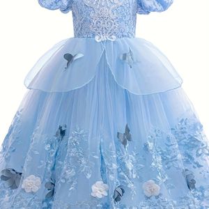 De kleding voor 6-12 jaar, nieuwe Chinese universiteitsmeisjes blauwe kant gaas rok met stikseljurk vlinderbloem decoratie print kerstprinsesrok verjaardagscadeau voor lente en zomer