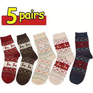 5 paar dikke warme winter sokken voor dames - Zware thermische vakantie sokken met rendier print, Rood/Beige//Marineblauw/Zwart/Wit/Grijs - Knusse Kerst