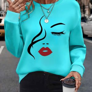 Damesmode Lange Mouw Crew Neck Sweatshirt met Haar en Gezichtsprint, Elegante Polyester Pullover, Alle-Seizoenen Casual Top