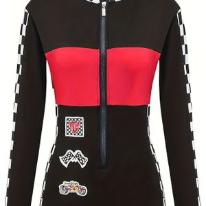 Dames Race Jumpsuit met Volledige Rits - Vlag & Sponsorlogo's (Nep) - Lange Mouwen Kostuum met Witte Piping - Geschikt voor Alle Seizoenen voor Go-Kart, Karting, Cosplay - Eendelig Racesuit